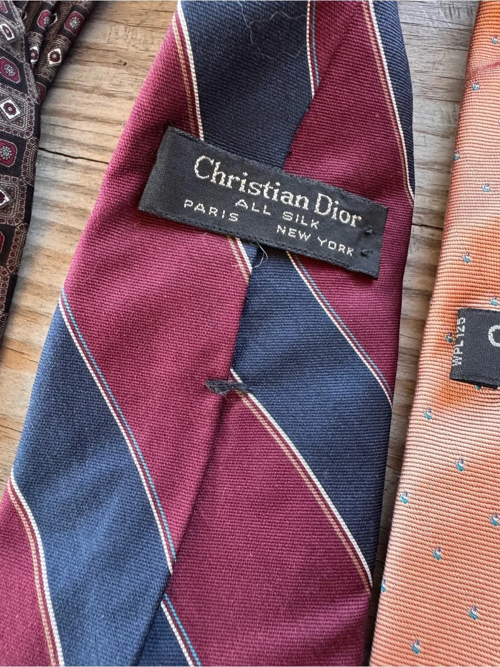 Dior Men's Neckties in Burgundy, Navy, Peach, Brown and Gray Patterns